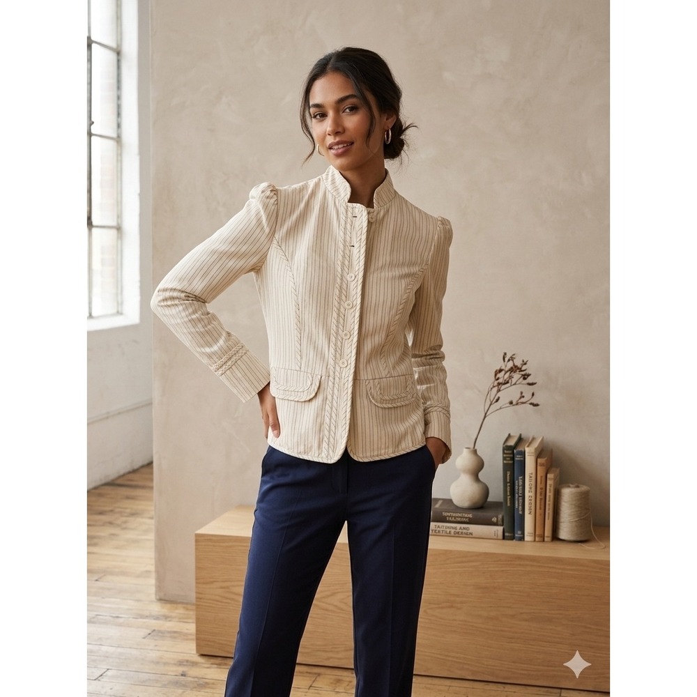 Gap Womens Pinstripe Mandarin Collar Blazer Jacket Cream Black Size 2